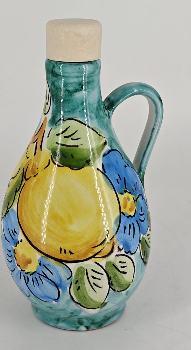 Oliera in ceramica di Vietri tornita e dipinta a mano, con limoni, fiori azzurri e foglie verdi
